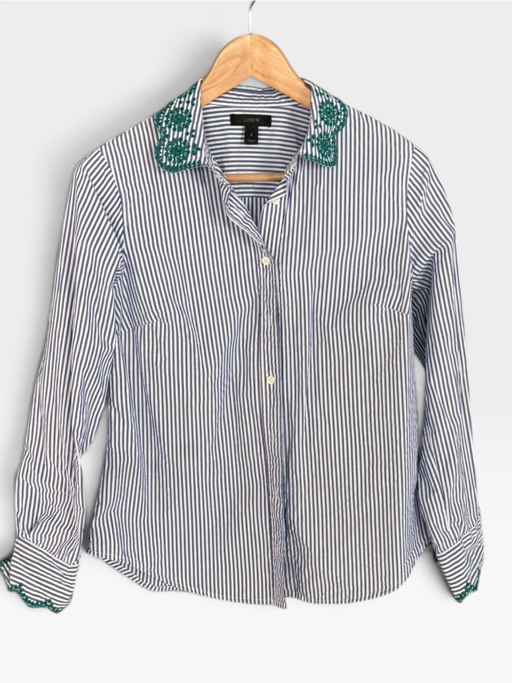 J.Crew Blue White Striped Shirt Green Embroidered Collar Long Sleeve S